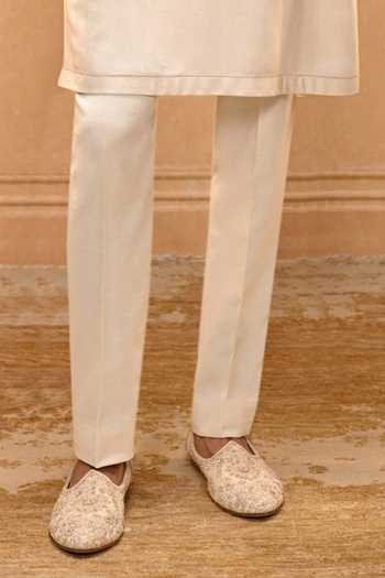 Shop_Tarun Tahiliani_Ivory Cotton, Jacquard Temple Motif Open Sherwani Set 