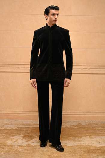 Shop Tarun Tahiliani Black Cotton Satin, Velvet Classic Bandhgala Set Online at Aza Fashions Shop_Tarun Tahiliani_Black Cotton Satin, Velvet Classic Bandhgala Set _Online_at_Aza_Fashions