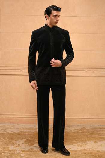 Tarun Tahiliani Black Cotton Satin, Velvet Classic Bandhgala Set at Aza Fashions Tarun Tahiliani_Black Cotton Satin, Velvet Classic Bandhgala Set _at_Aza_Fashions
