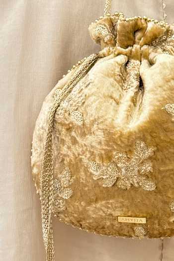 Buy_AMYRA_Gold Embroidery, Beads, Tassels, Metallic Thread Ras Velvet Potli _Online_at_Aza_Fashions