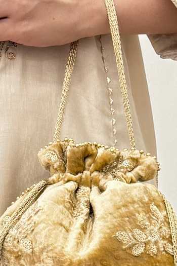 Shop_AMYRA_Gold Embroidery, Beads, Tassels, Metallic Thread Ras Velvet Potli _Online_at_Aza_Fashions