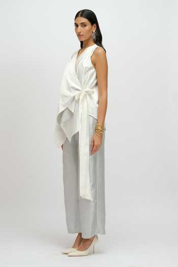 JAYN India Ivory Satin, Tissue V-neck Asymmetric Layered Waistcoat And Pant Set Online at Aza Fashions JAYN India_Ivory Satin, Tissue V-neck Asymmetric Layered Waistcoat And Pant Set _Online_at_Aza_Fashions