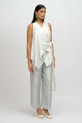 Buy JAYN India Ivory Satin, Tissue V-neck Asymmetric Layered Waistcoat And Pant Set Online at Aza Fashions Buy_JAYN India_Ivory Satin, Tissue V-neck Asymmetric Layered Waistcoat And Pant Set _Online_at_Aza_Fashions