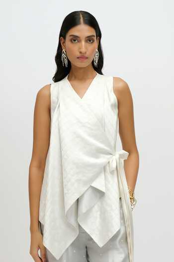 JAYN India Ivory Satin, Tissue V-neck Asymmetric Layered Waistcoat And Pant Set at Aza Fashions JAYN India_Ivory Satin, Tissue V-neck Asymmetric Layered Waistcoat And Pant Set _at_Aza_Fashions