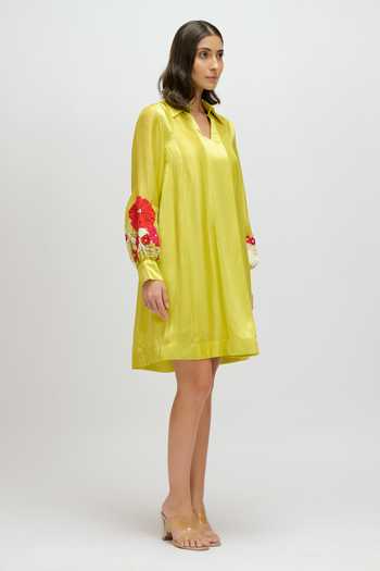JAYN India Green Silk, Satin Collared Neck, Split Sleeve Embroidered Dress Online at Aza Fashions JAYN India_Green Silk, Satin Collared Neck, Split Sleeve Embroidered Dress _Online_at_Aza_Fashions