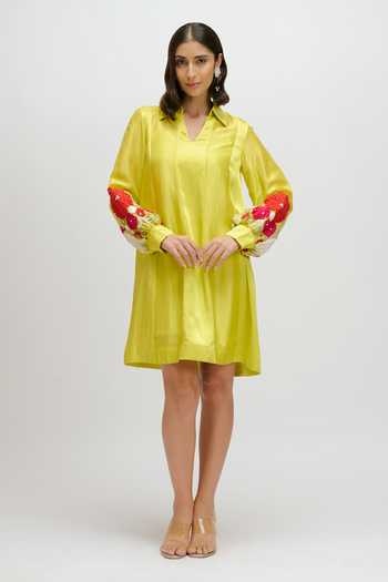 Buy JAYN India Green Silk, Satin Collared Neck, Split Sleeve Embroidered Dress Online at Aza Fashions Buy_JAYN India_Green Silk, Satin Collared Neck, Split Sleeve Embroidered Dress _Online_at_Aza_Fashions