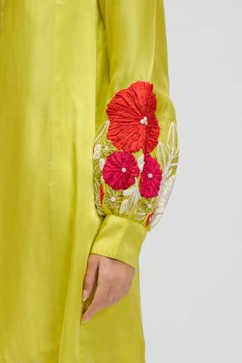Shop JAYN India Green Silk, Satin Collared Neck, Split Sleeve Embroidered Dress Online at Aza Fashions Shop_JAYN India_Green Silk, Satin Collared Neck, Split Sleeve Embroidered Dress _Online_at_Aza_Fashions