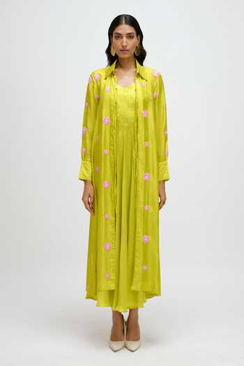 JAYN India Green Satin, Silk V-, Collared Dress With Embroidered Jacket Online at Aza Fashions JAYN India_Green Satin, Silk V-, Collared Dress With Embroidered Jacket _Online_at_Aza_Fashions