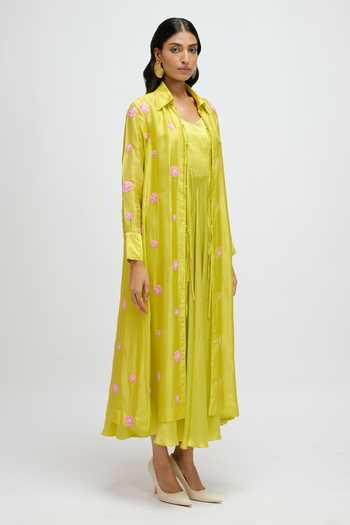 Buy JAYN India Green Satin, Silk V-, Collared Dress With Embroidered Jacket Online at Aza Fashions Buy_JAYN India_Green Satin, Silk V-, Collared Dress With Embroidered Jacket _Online_at_Aza_Fashions