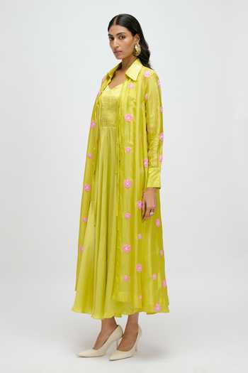 Shop JAYN India Green Satin, Silk V-, Collared Dress With Embroidered Jacket Online at Aza Fashions Shop_JAYN India_Green Satin, Silk V-, Collared Dress With Embroidered Jacket _Online_at_Aza_Fashions