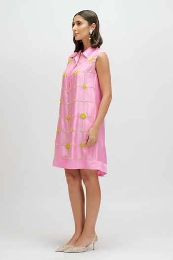 Buy JAYN India Pink Silk Collared Neck Hand Embroidered Dress Online at Aza Fashions Buy_JAYN India_Pink Silk Collared Neck Hand Embroidered Dress _Online_at_Aza_Fashions