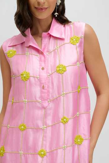 Shop JAYN India Pink Silk Collared Neck Hand Embroidered Dress Online at Aza Fashions Shop_JAYN India_Pink Silk Collared Neck Hand Embroidered Dress _Online_at_Aza_Fashions