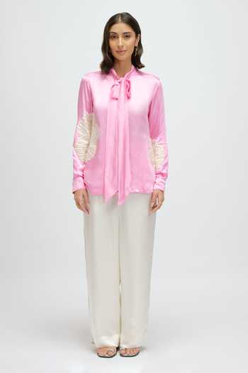 JAYN India Pink Satin High Neck Floral Applique Work Shirt Online at Aza Fashions JAYN India_Pink Satin High Neck Floral Applique Work Shirt _Online_at_Aza_Fashions