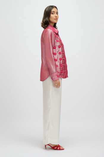 JAYN India Pink Tissue Collared Neck Floral Applique Embroidered Shirt Online at Aza Fashions JAYN India_Pink Tissue Collared Neck Floral Applique Embroidered Shirt _Online_at_Aza_Fashions