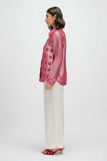 Buy JAYN India Pink Tissue Collared Neck Floral Applique Embroidered Shirt Online at Aza Fashions Buy_JAYN India_Pink Tissue Collared Neck Floral Applique Embroidered Shirt _Online_at_Aza_Fashions