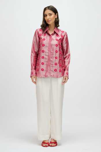 Shop JAYN India Pink Tissue Collared Neck Floral Applique Embroidered Shirt Online at Aza Fashions Shop_JAYN India_Pink Tissue Collared Neck Floral Applique Embroidered Shirt _Online_at_Aza_Fashions