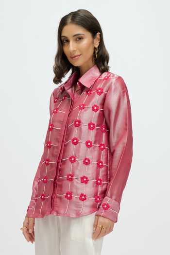 JAYN India Pink Tissue Collared Neck Floral Applique Embroidered Shirt at Aza Fashions JAYN India_Pink Tissue Collared Neck Floral Applique Embroidered Shirt _at_Aza_Fashions