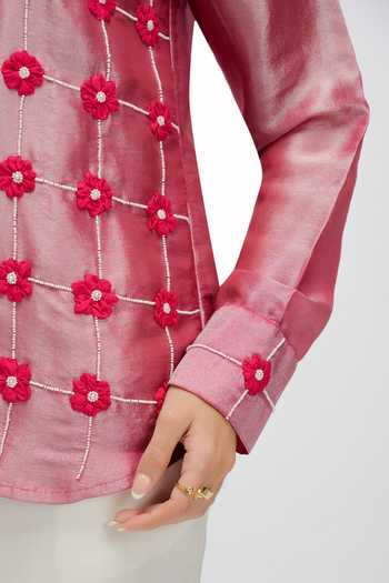 Buy JAYN India Pink Tissue Collared Neck Floral Applique Embroidered Shirt Buy_JAYN India_Pink Tissue Collared Neck Floral Applique Embroidered Shirt