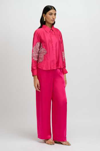 JAYN India Fuchsia Silk, Satin Collared Neck Placement Embroidered Shirt And Pant Set Online at Aza Fashions JAYN India_Fuchsia Silk, Satin Collared Neck Placement Embroidered Shirt And Pant Set _Online_at_Aza_Fashions