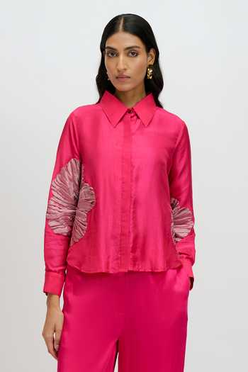 Shop JAYN India Fuchsia Silk, Satin Collared Neck Placement Embroidered Shirt And Pant Set Online at Aza Fashions Shop_JAYN India_Fuchsia Silk, Satin Collared Neck Placement Embroidered Shirt And Pant Set _Online_at_Aza_Fashions