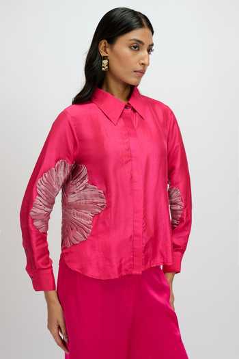 JAYN India Fuchsia Silk, Satin Collared Neck Placement Embroidered Shirt And Pant Set at Aza Fashions JAYN India_Fuchsia Silk, Satin Collared Neck Placement Embroidered Shirt And Pant Set _at_Aza_Fashions