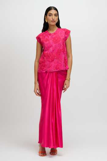 Buy JAYN India Pink Satin Round Neck Embroidered Top And Skirt Set Online at Aza Fashions Buy_JAYN India_Pink Satin Round Neck Embroidered Top And Skirt Set _Online_at_Aza_Fashions