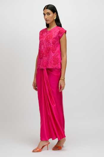 Shop JAYN India Pink Satin Round Neck Embroidered Top And Skirt Set Online at Aza Fashions Shop_JAYN India_Pink Satin Round Neck Embroidered Top And Skirt Set _Online_at_Aza_Fashions