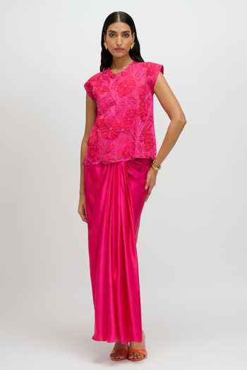 JAYN India Pink Satin Round Neck Embroidered Top And Skirt Set at Aza Fashions JAYN India_Pink Satin Round Neck Embroidered Top And Skirt Set _at_Aza_Fashions
