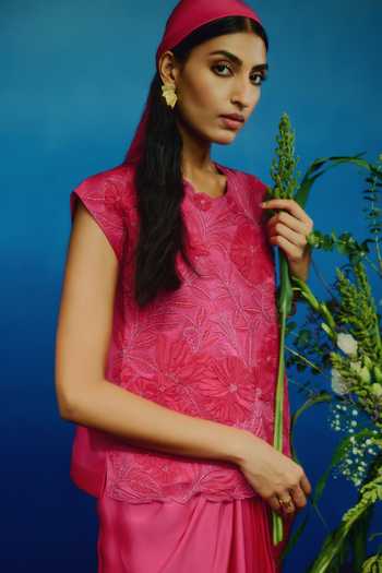 Buy JAYN India Pink Satin Round Neck Embroidered Top And Skirt Set Buy_JAYN India_Pink Satin Round Neck Embroidered Top And Skirt Set