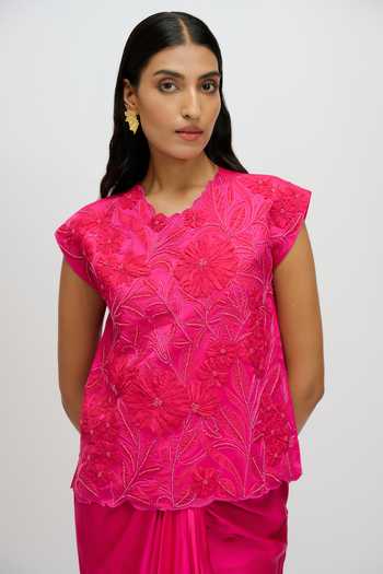 Shop JAYN India Pink Satin Round Neck Embroidered Top And Skirt Set Shop_JAYN India_Pink Satin Round Neck Embroidered Top And Skirt Set