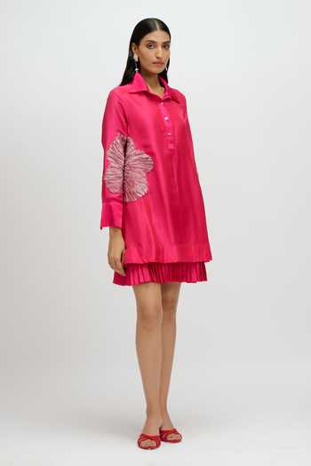 JAYN India Fuchsia Silk, Tissue Collared Neck Floral Embroidered Dress Online at Aza Fashions JAYN India_Fuchsia Silk, Tissue Collared Neck Floral Embroidered Dress _Online_at_Aza_Fashions