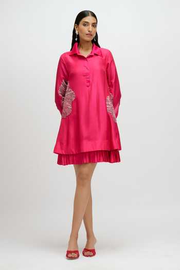 Buy JAYN India Fuchsia Silk, Tissue Collared Neck Floral Embroidered Dress Online at Aza Fashions Buy_JAYN India_Fuchsia Silk, Tissue Collared Neck Floral Embroidered Dress _Online_at_Aza_Fashions