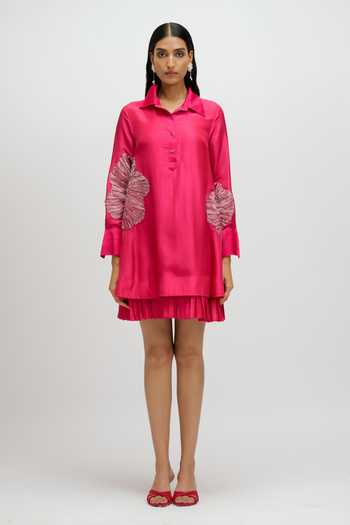 Shop JAYN India Fuchsia Silk, Tissue Collared Neck Floral Embroidered Dress Online at Aza Fashions Shop_JAYN India_Fuchsia Silk, Tissue Collared Neck Floral Embroidered Dress _Online_at_Aza_Fashions