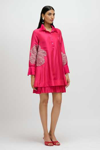 JAYN India Fuchsia Silk, Tissue Collared Neck Floral Embroidered Dress at Aza Fashions JAYN India_Fuchsia Silk, Tissue Collared Neck Floral Embroidered Dress _at_Aza_Fashions