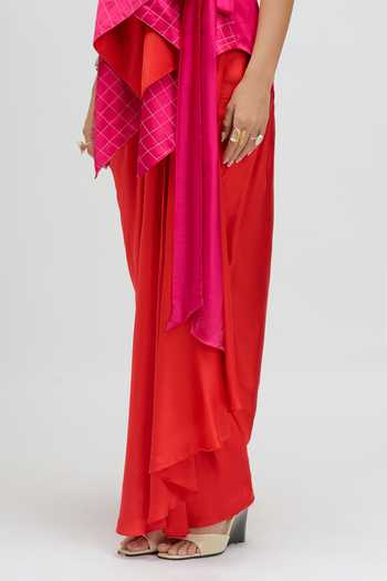 JAYN India_Fuchsia Satin V-neck Draped Asymmetric Waistcoat And Skirt Set _Online_at_Aza_Fashions