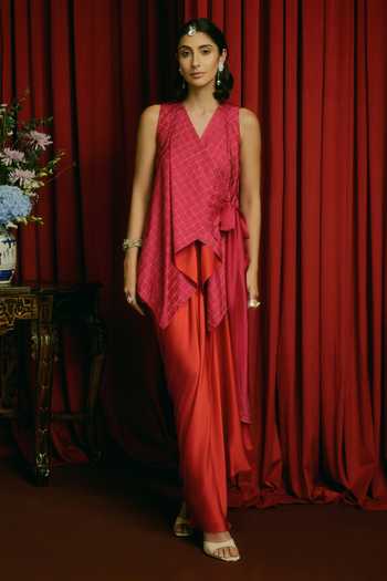 JAYN India Draped Asymmetric Waistcoat & Skirt Set 
