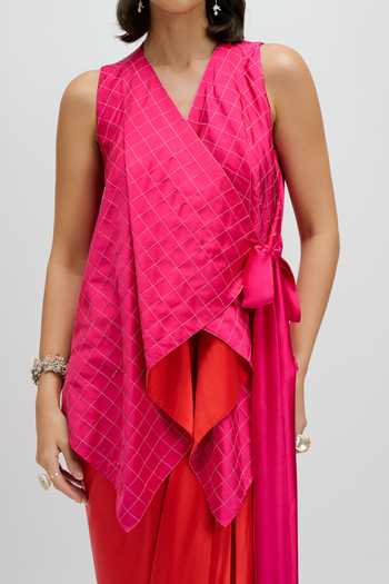 Buy_JAYN India_Fuchsia Satin V-neck Draped Asymmetric Waistcoat And Skirt Set _Online_at_Aza_Fashions