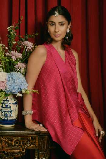 JAYN India_Fuchsia Satin V-neck Draped Asymmetric Waistcoat And Skirt Set _at_Aza_Fashions