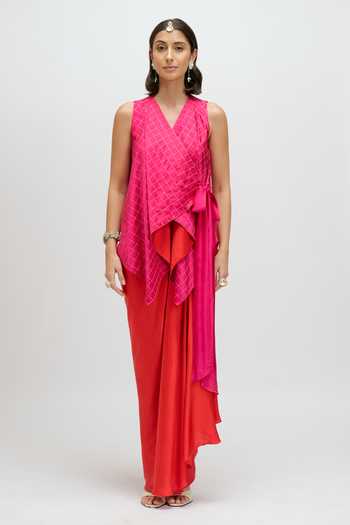 Buy_JAYN India_Fuchsia Satin V-neck Draped Asymmetric Waistcoat And Skirt Set 