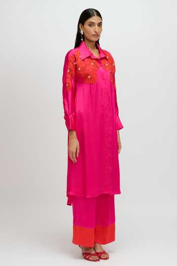 Buy JAYN India Fuchsia Satin Collared Neck Yoke Embroidered Kurta And Pant Set Online at Aza Fashions Buy_JAYN India_Fuchsia Satin Collared Neck Yoke Embroidered Kurta And Pant Set _Online_at_Aza_Fashions