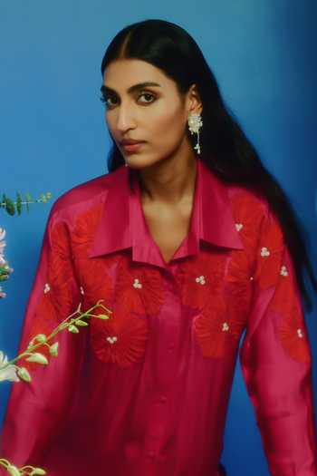 Shop JAYN India Fuchsia Satin Collared Neck Yoke Embroidered Kurta And Pant Set Online at Aza Fashions Shop_JAYN India_Fuchsia Satin Collared Neck Yoke Embroidered Kurta And Pant Set _Online_at_Aza_Fashions