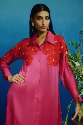 JAYN India Fuchsia Satin Collared Neck Yoke Embroidered Kurta And Pant Set at Aza Fashions JAYN India_Fuchsia Satin Collared Neck Yoke Embroidered Kurta And Pant Set _at_Aza_Fashions