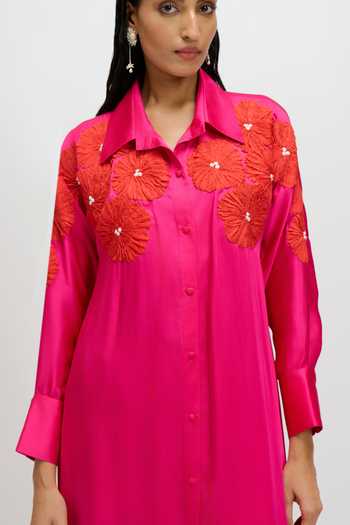 Buy JAYN India Fuchsia Satin Collared Neck Yoke Embroidered Kurta And Pant Set Buy_JAYN India_Fuchsia Satin Collared Neck Yoke Embroidered Kurta And Pant Set
