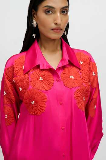 Shop JAYN India Fuchsia Satin Collared Neck Yoke Embroidered Kurta And Pant Set Shop_JAYN India_Fuchsia Satin Collared Neck Yoke Embroidered Kurta And Pant Set