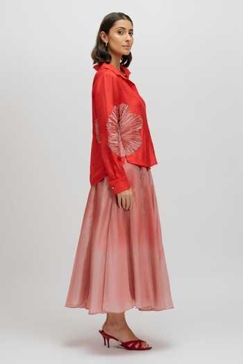 JAYN India Red Silk, Tissue Collared Neck Emboidered Shirt And Skirt Set at Aza Fashions JAYN India_Red Silk, Tissue Collared Neck Emboidered Shirt And Skirt Set _at_Aza_Fashions