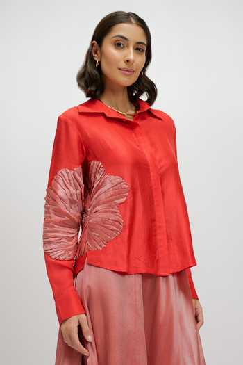 Buy JAYN India Red Silk, Tissue Collared Neck Emboidered Shirt And Skirt Set Buy_JAYN India_Red Silk, Tissue Collared Neck Emboidered Shirt And Skirt Set
