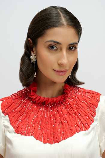 JAYN India Red Satin High Neck Embroidered Top And Pant Set at Aza Fashions JAYN India_Red Satin High Neck Embroidered Top And Pant Set _at_Aza_Fashions
