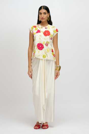 Buy JAYN India Multi Color Satin Round Neck Embroidered Top And Skirt Set Online at Aza Fashions Buy_JAYN India_Multi Color Satin Round Neck Embroidered Top And Skirt Set _Online_at_Aza_Fashions