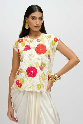 JAYN India Multi Color Satin Round Neck Embroidered Top And Skirt Set at Aza Fashions JAYN India_Multi Color Satin Round Neck Embroidered Top And Skirt Set _at_Aza_Fashions
