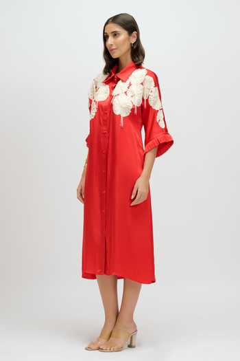 JAYN India_Red Satin Collared Neck Floral Yoke Embroidered Dress _Online_at_Aza_Fashions